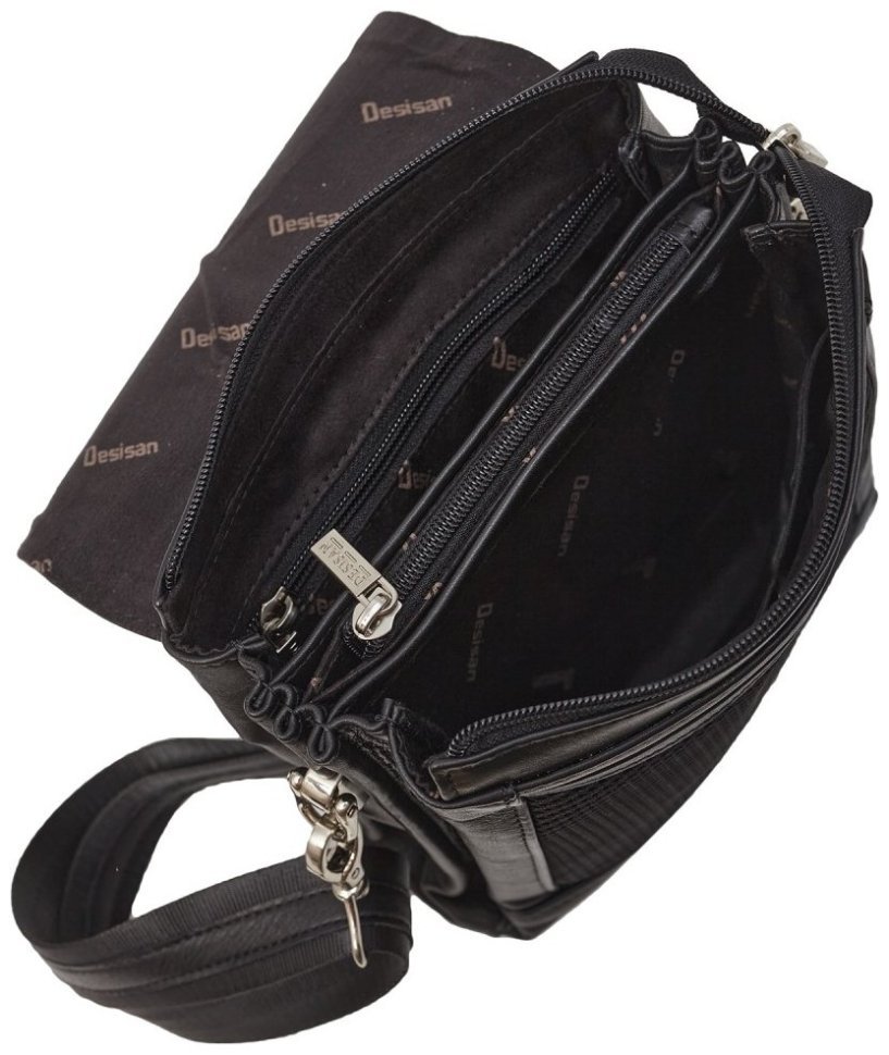Сумка мужская из натуральной гладкой кожи с клапаном на магнитах DESISAN 107266 черная modnotak фото №6
