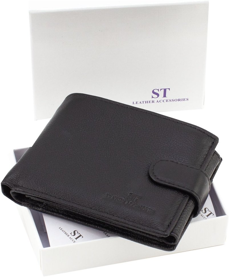 Чоловіче шкіряне портмоне чорного кольору з віконцями під документи ST Leather 1767366