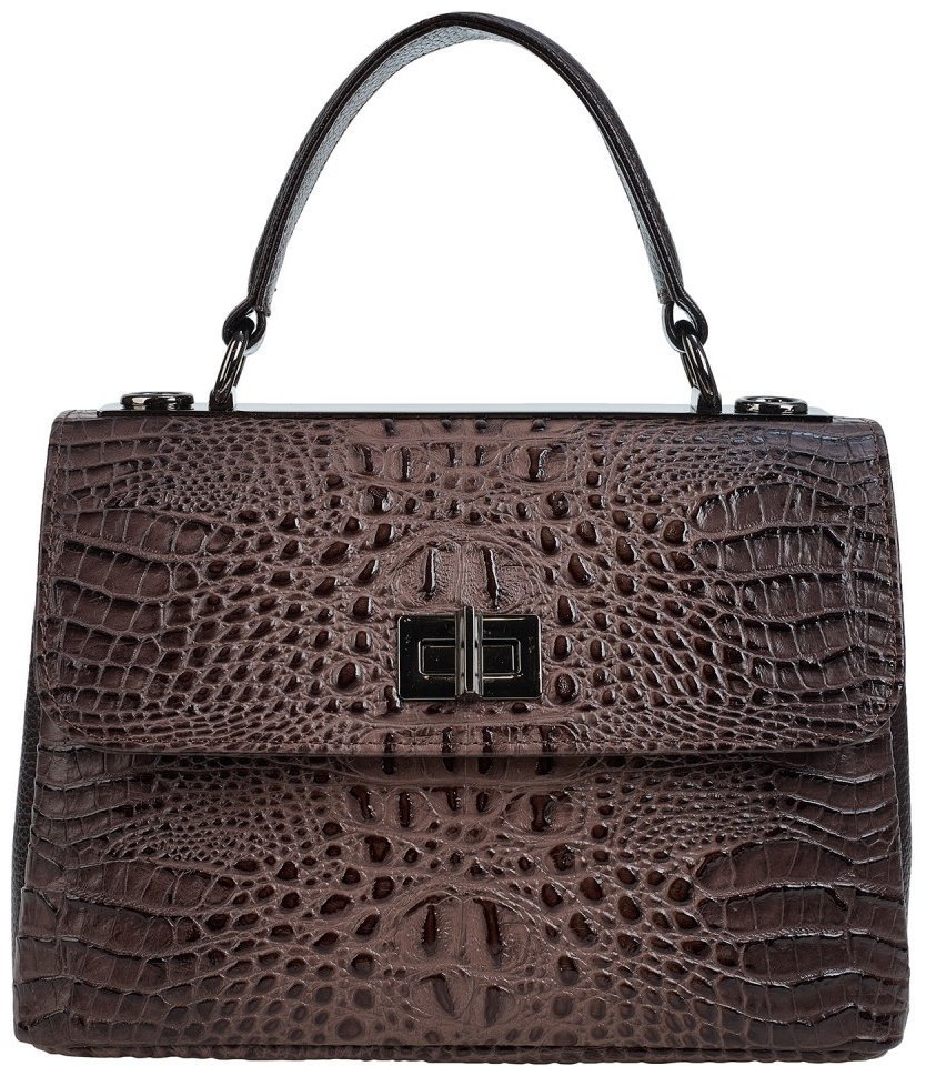 Женская сумка из натуральной кожи под кроко с небольшой ручкой и клапаном на замочке Desisan 107866 бежевая modnotak фото №1