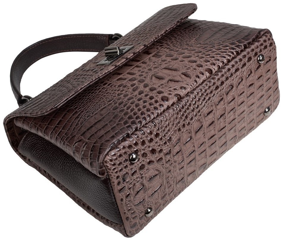 Женская сумка из натуральной кожи под кроко с небольшой ручкой и клапаном на замочке Desisan 107866 бежевая modnotak фото №5