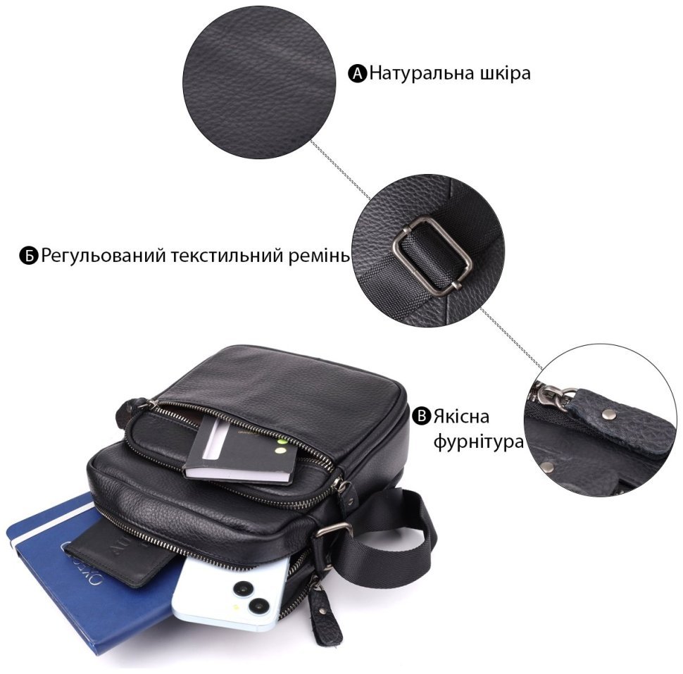 Чоловіча сумка через плече із натуральної шкіри чорного кольору Vintage 98166 фото №4 Чоловіча сумка через плече із натуральної шкіри чорного кольору Vintage 98166 modnotak фото №4