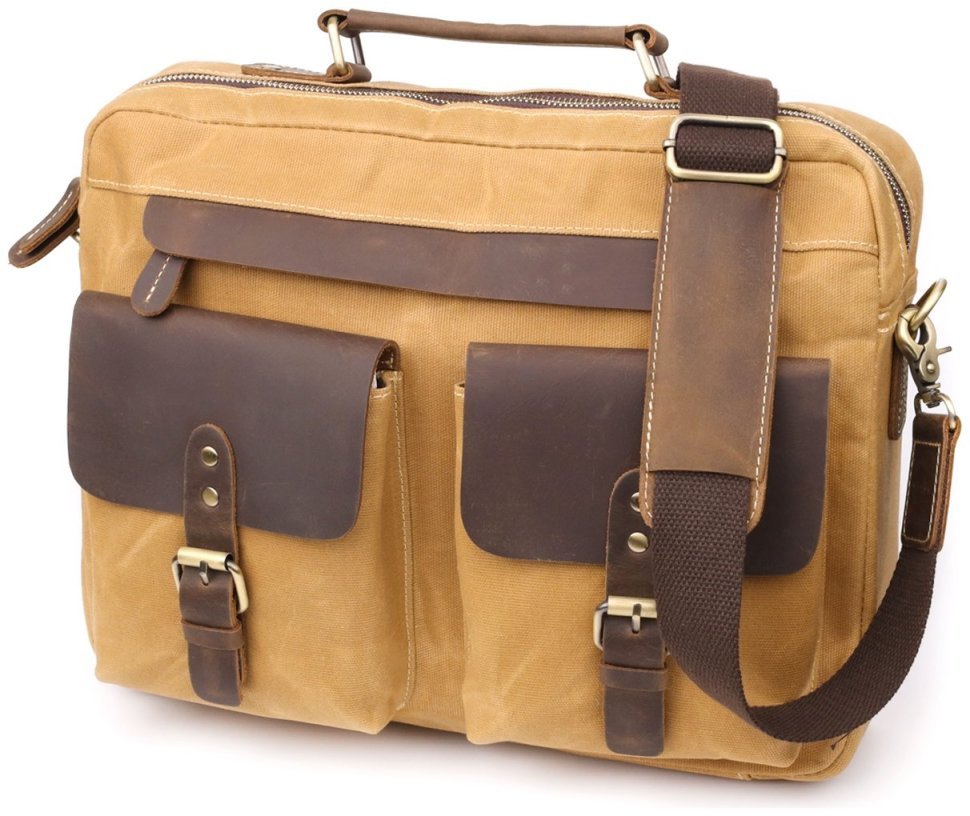 Мужской текстильный портфель коричневого цвета с кожаными вставками Vintage через плечо 108366 modnotak фото №1