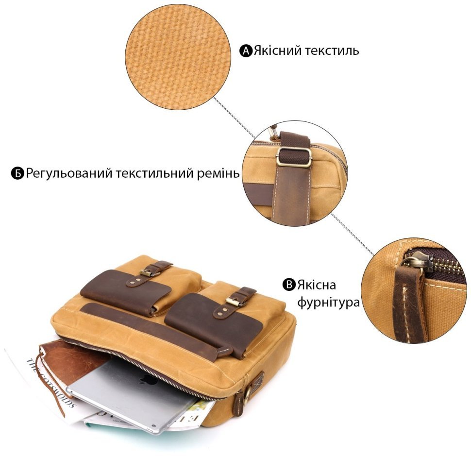 Мужской текстильный портфель коричневого цвета с кожаными вставками Vintage через плечо 108366 modnotak фото №4