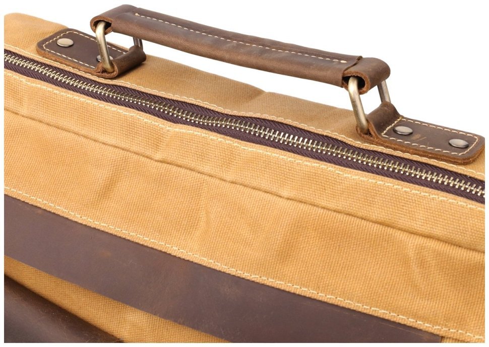 Мужской текстильный портфель коричневого цвета с кожаными вставками Vintage через плечо 108366 modnotak фото №5