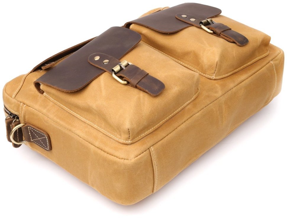 Мужской текстильный портфель коричневого цвета с кожаными вставками Vintage через плечо 108366 modnotak фото №7