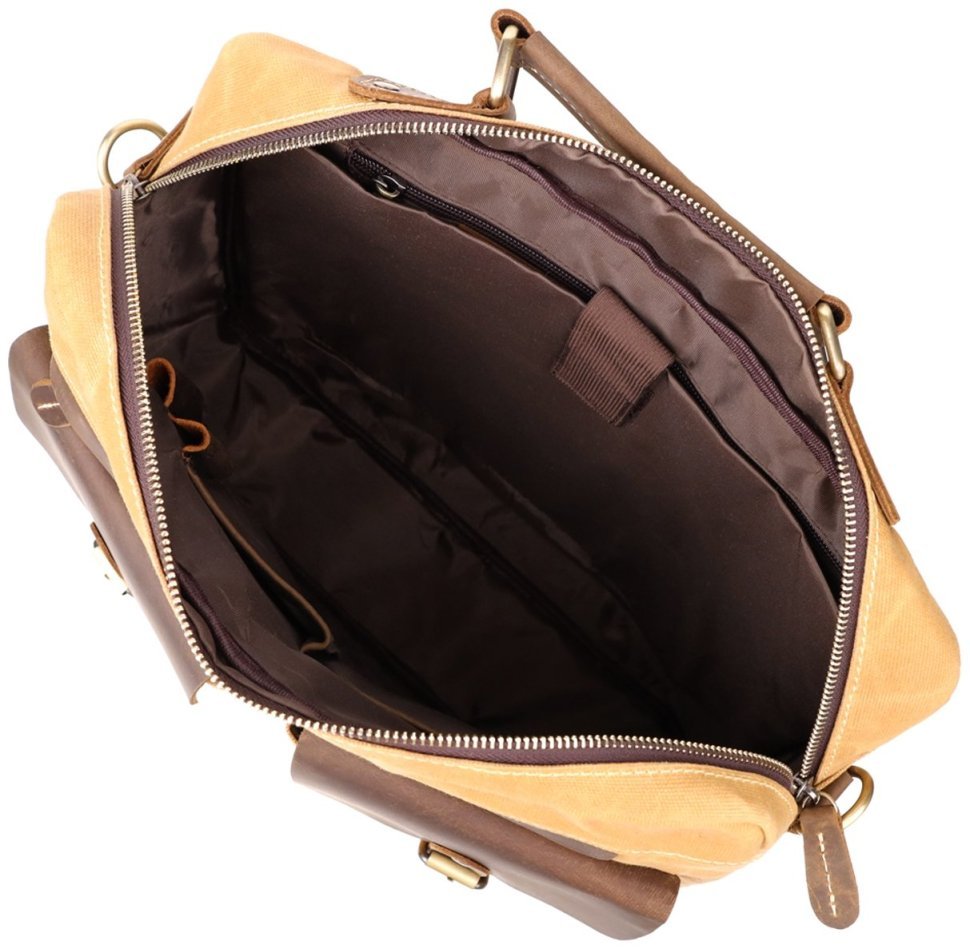 Мужской текстильный портфель коричневого цвета с кожаными вставками Vintage через плечо 108366 modnotak фото №9