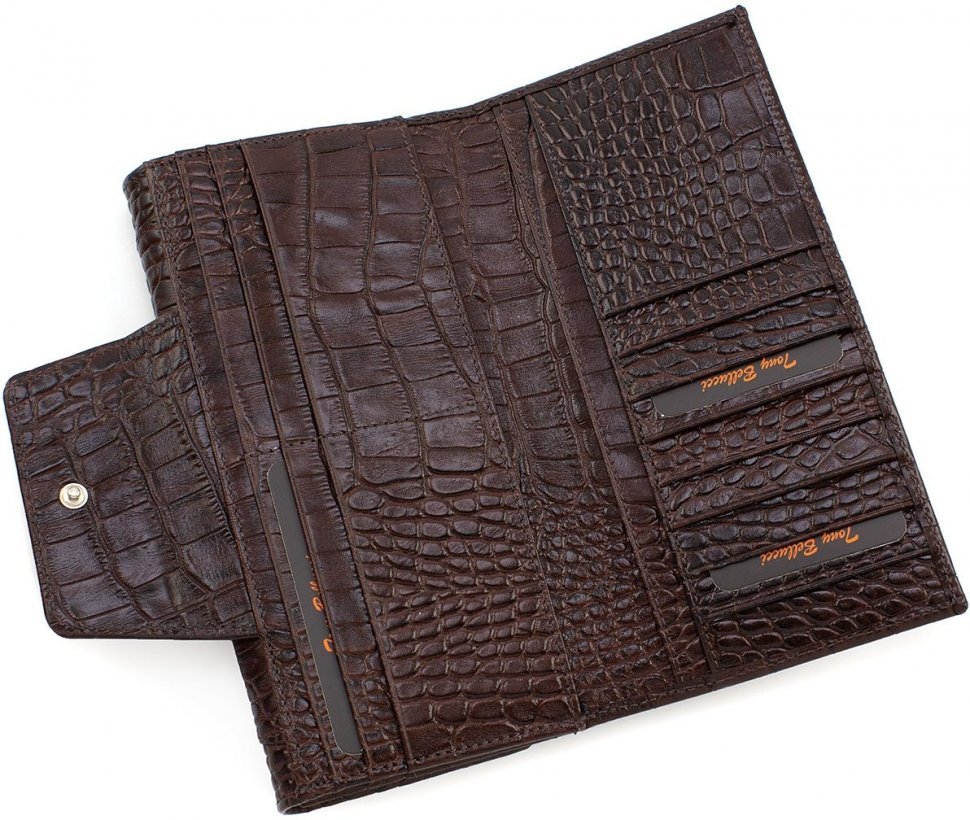 Темно-коричневый женский кожаный кошелек с двумя автономными отделениями на кнопках Tony Bellucci (10880)