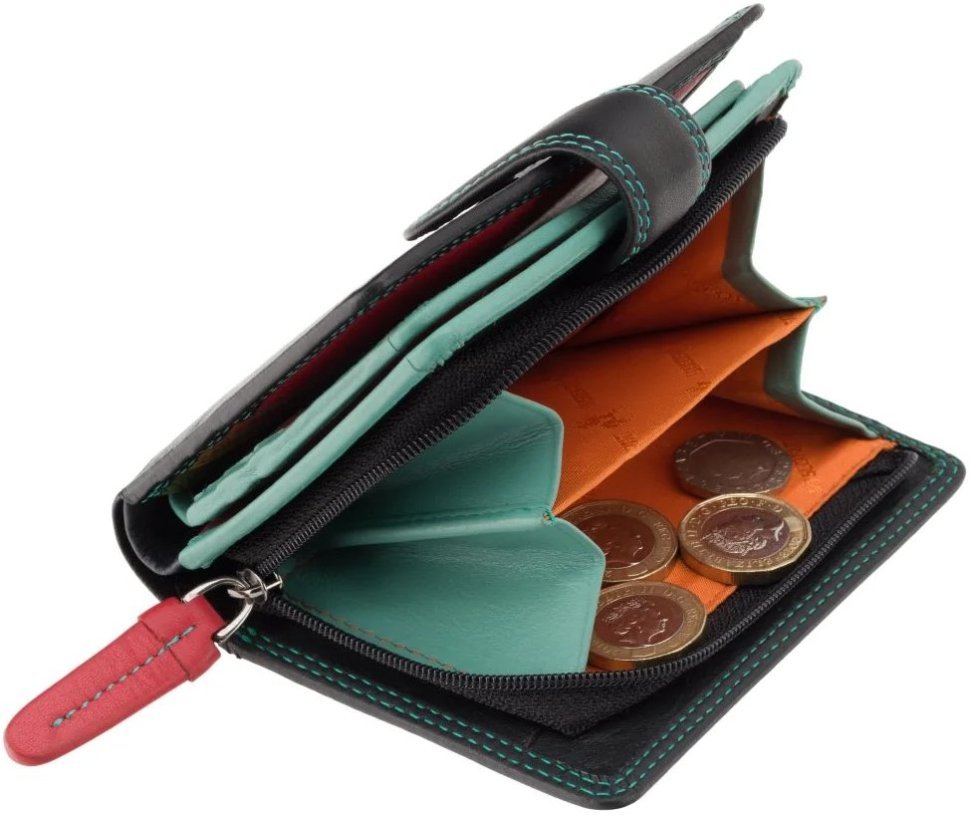 Компактний жіночий гаманець із натуральної шкіри чорного кольору із зеленим рядком Visconti 69266