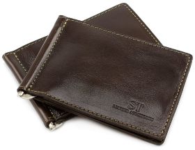Коричневый зажим для купюр с зеленой строчкой ST Leather (16826)