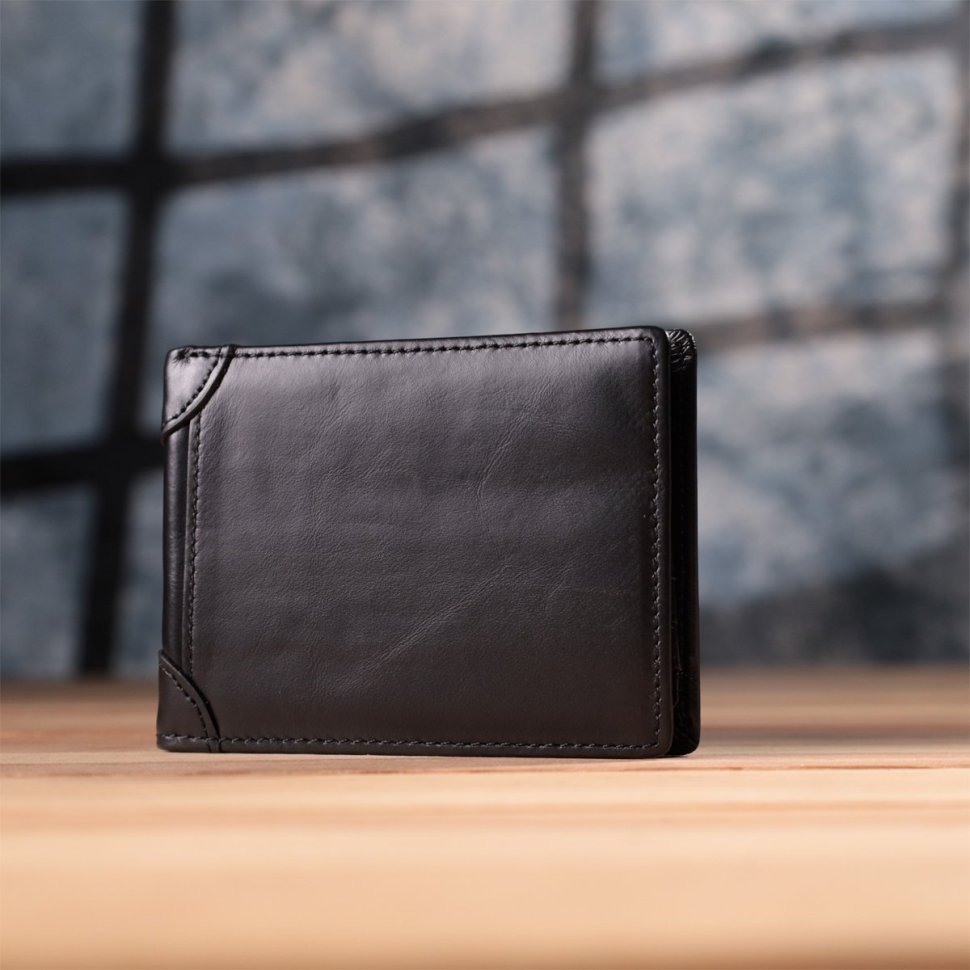 Мужское портмоне из натуральной кожи черного цвета без застежки Vintage Style 91467 фото №8 Мужское портмоне из натуральной кожи черного цвета без застежки Vintage Style 91467 modnotak фото №8