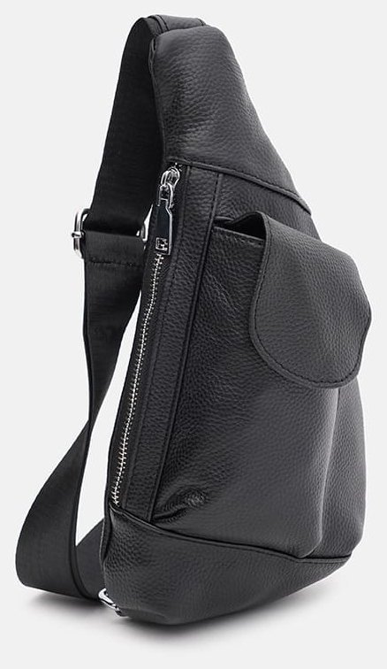Чоловічий шкіряний слінг-рюкзак чорного кольору через плече Keizer 71667