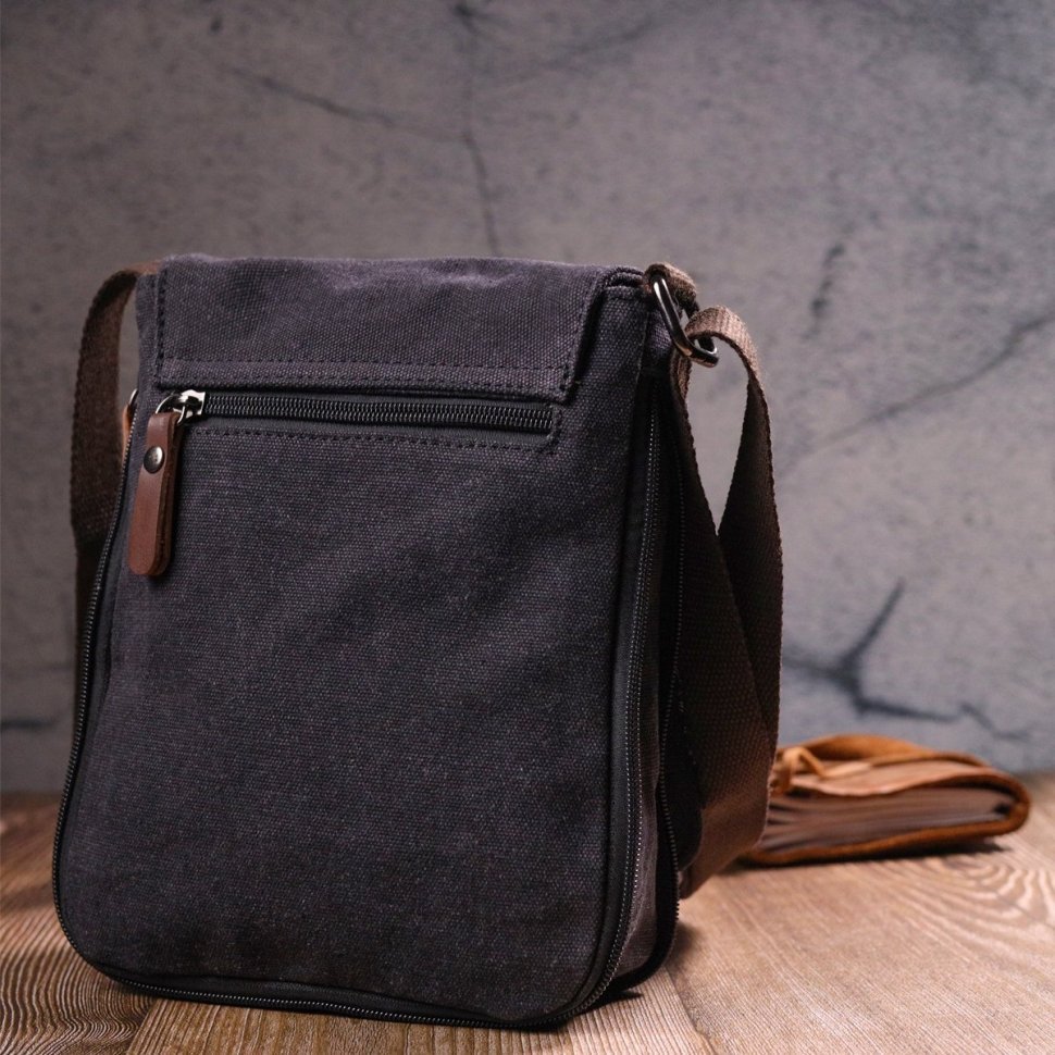Вертикальная мужская сумка на плечо из черного текстиля Vintage (2421265)