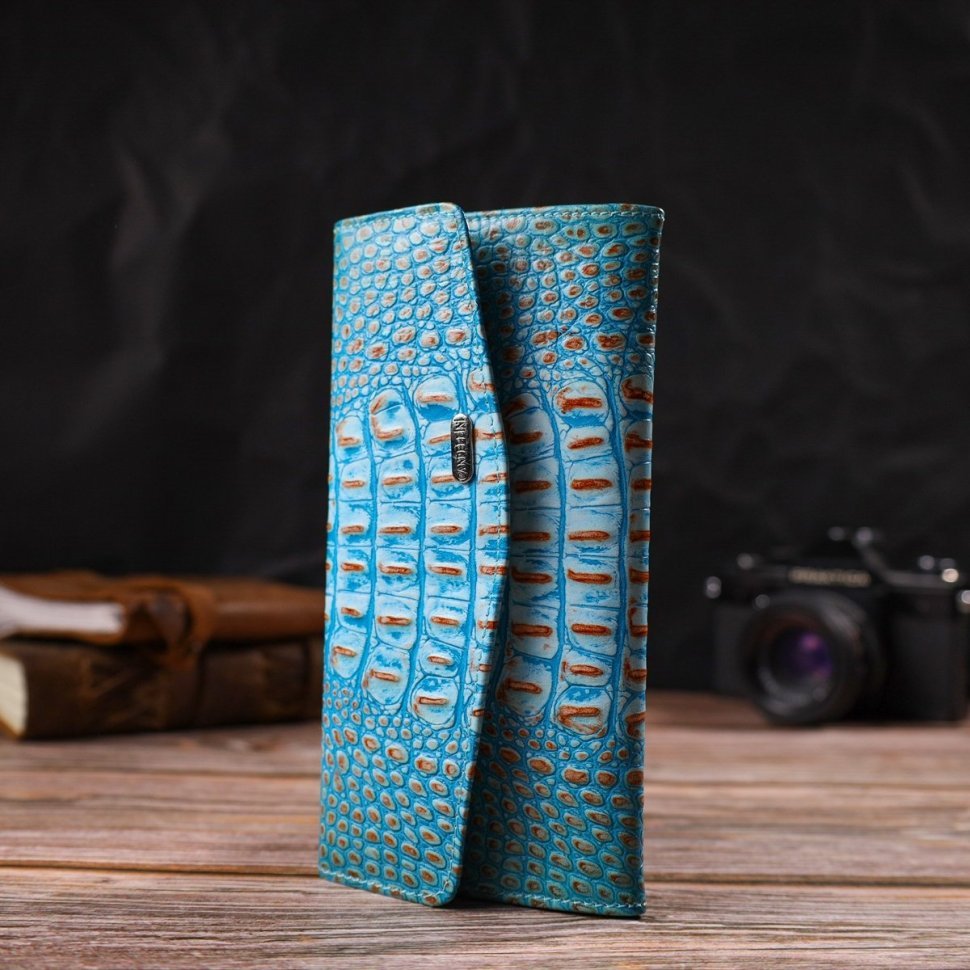 Блакитний жіночий гаманець із натуральної шкіри з тисненням під крокодила CANPELLINI (2421703)