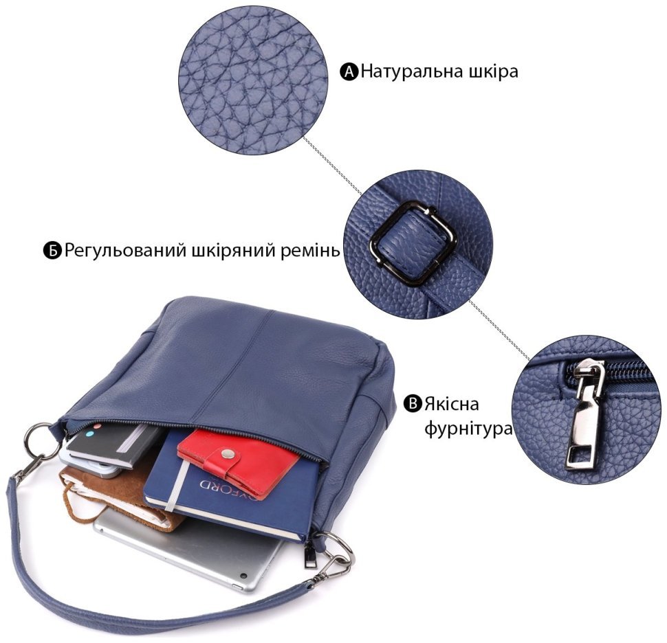 Вместительная женская сумка на 2 отделения из фактурной кожи Vintage 103167 синего цвета modnotak фото №3