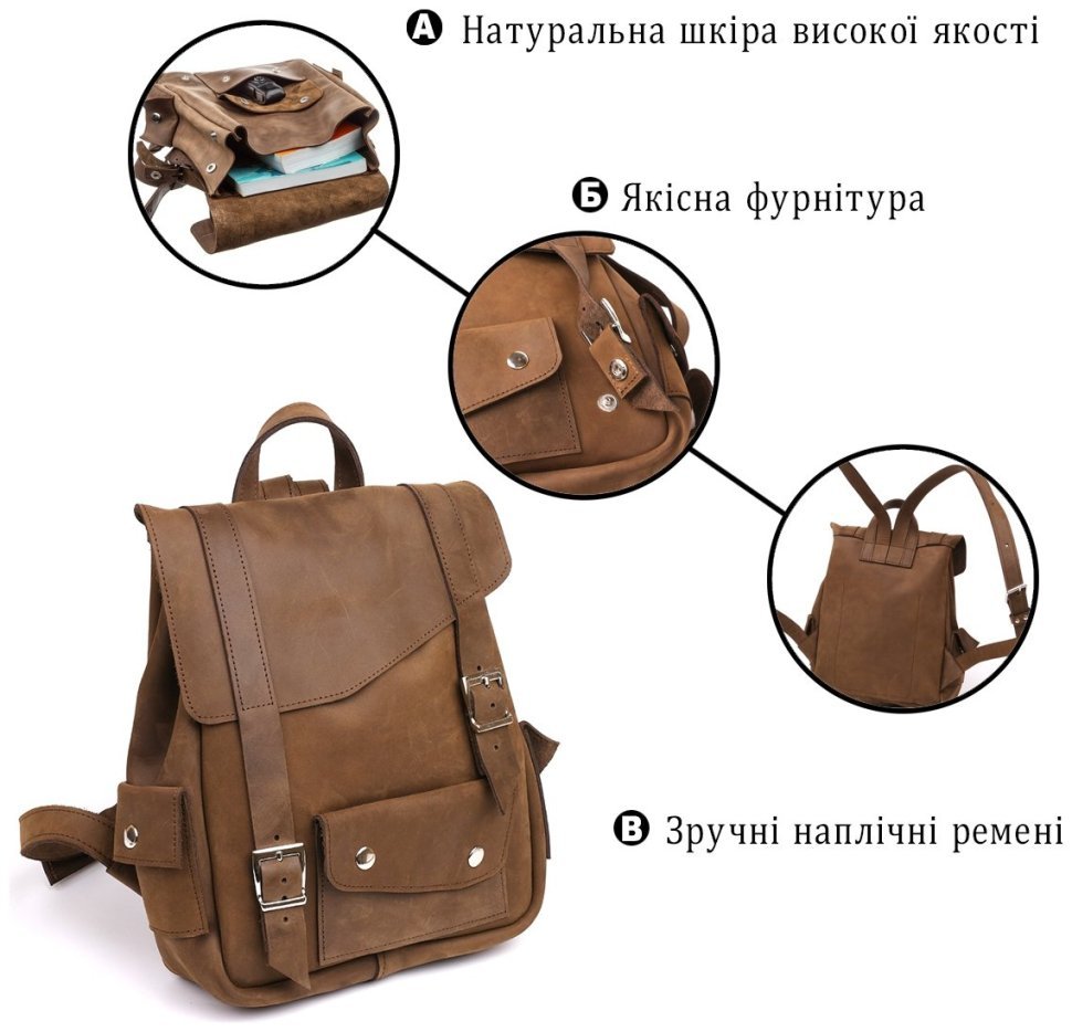 Коричневий рюкзак із вінтажної шкіри крейзі хорс із клапаном SHVIGEL (13948) modnotak фото №12