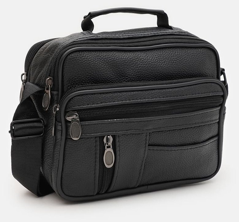 Вместительная мужская сумка барсетка из натуральной кожи флотар с ручкой для носки Borsa Leather 94667 чёрного цвета modnotak фото №2