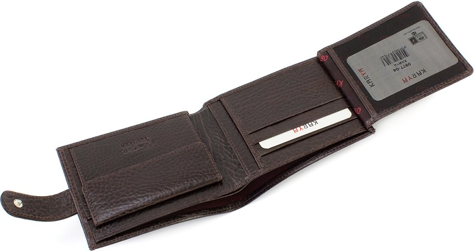 Шкіряний чоловічий гаманець темно-коричневого кольору на кнопці KARYA (21039)