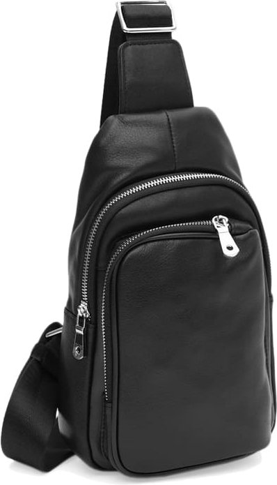 Чоловічий шкіряний слінг-рюкзак середнього розміру в чорному кольорі Ricco Grande (21421)