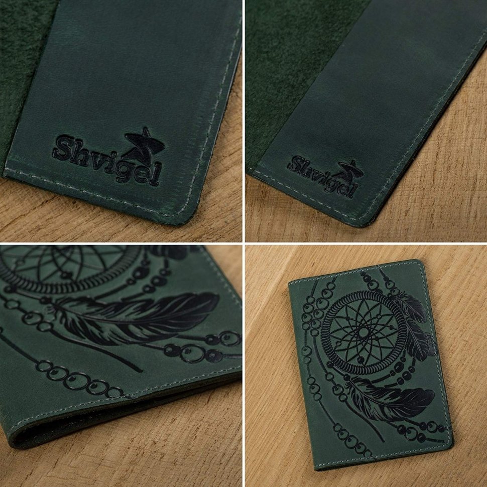 Зеленая обложка на паспорт из винтажной кожи с рисунком SHVIGEL (2413836)