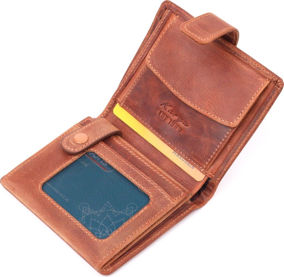 Руде чоловіче портмоне з вінтажної шкіри з хлястиком на кнопці KARYA (2421369)