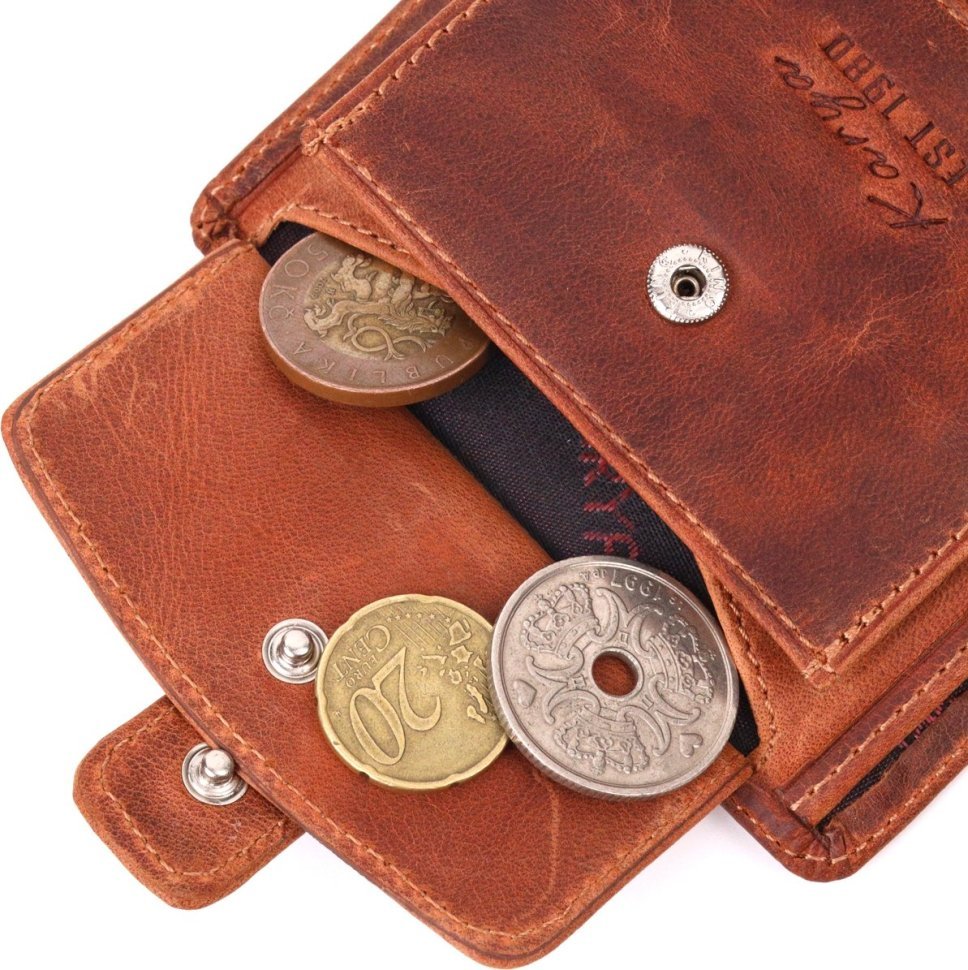 Рыжее мужское портмоне из винтажной кожи с хлястиком на кнопке KARYA (2421369)