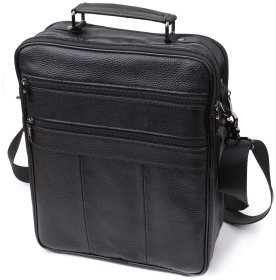 Вместительная мужская сумка барсетка из натуральной кожи черного цвета через плечо Vintage 98167