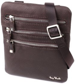 Мужская сумка планшет из натуральной зернистой кожи с текстильным регулируемым ремнем Tony Perotti коричневого цвета 108367