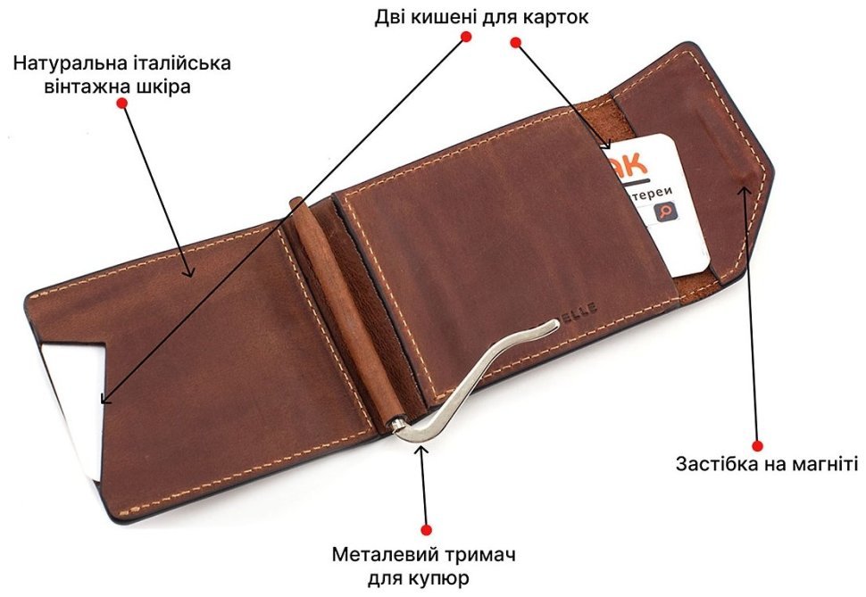 Вінтажний шкіряний затиск для купюр і карток Grande Pelle (13028) modnotak фото №4