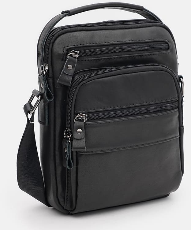 Мужская черная сумка-барсетка из натуральной кожи гладкого типа с ручкой Keizer (59167)