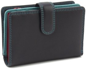 Чорний жіночий гаманець середнього розміру з гладкої шкіри з бірюзовою строчкою Visconti 69267