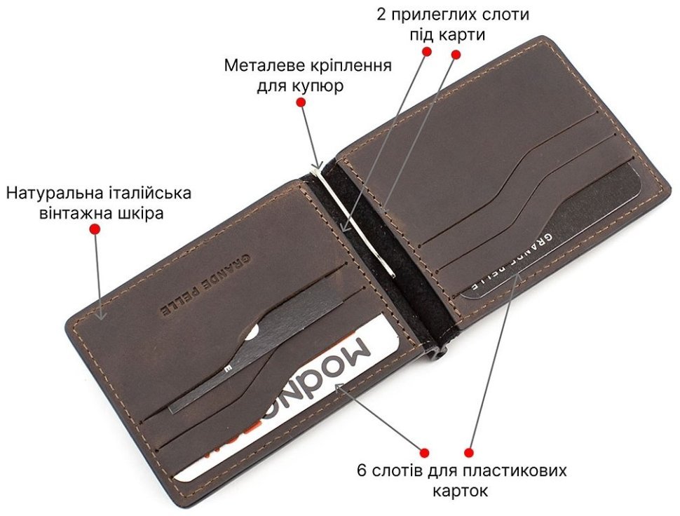 Чорно-коричневий затиск для грошей без монетниці Grande Pelle (13102) modnotak фото №4