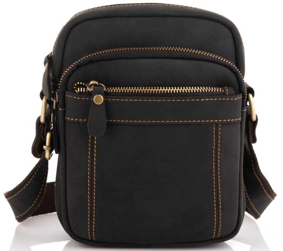 Наплечная компактная мужская сумка из натуральной кожи черного цвета Tiding Bag (15756)