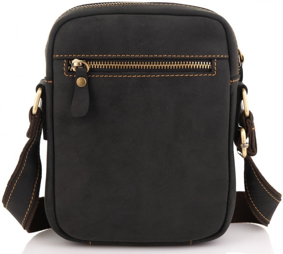 Наплечная компактная мужская сумка из натуральной кожи черного цвета Tiding Bag (15756)