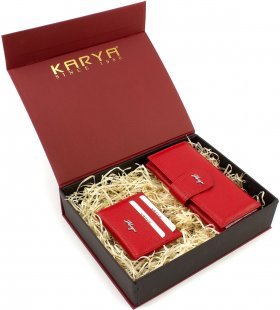 Подарунковий набір зі шкіряних аксесуарів червоного кольору для дівчини (гаманець та візитниця) KARYA (19850)