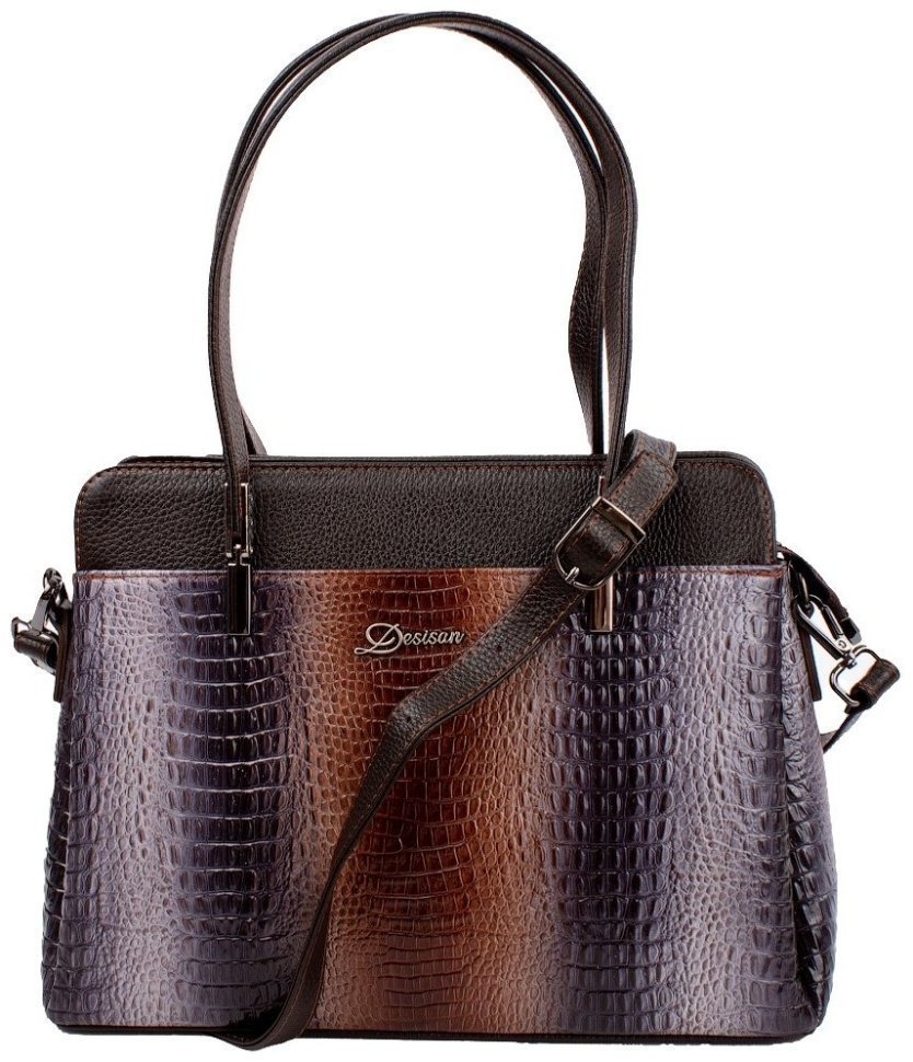 Деловая повседневная женская сумка из натуральной кожи серого цвета с ручкой Desisan 106868 под крокодила modnotak фото №1
