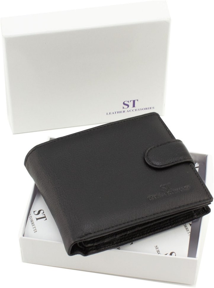 Среднее мужское портмоне из натуральной кожи черного цвета с блоком под карты ST Leather 1767468