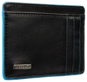Кожаный миниатюрный картхолдер черного цвета с голубой каемкой Visconti 79468