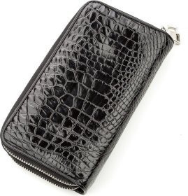 Чорний чоловічий клатч на дві блискавки зі шкіри крокодила CROCODILE LEATHER (024-18525)
