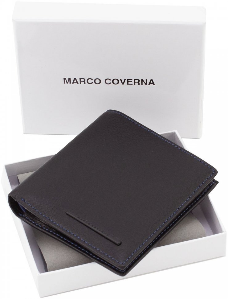 Невеликий тонкий чоловічий гаманець з натуральної шкіри з синьою стрічкою Marco Coverna (18086)