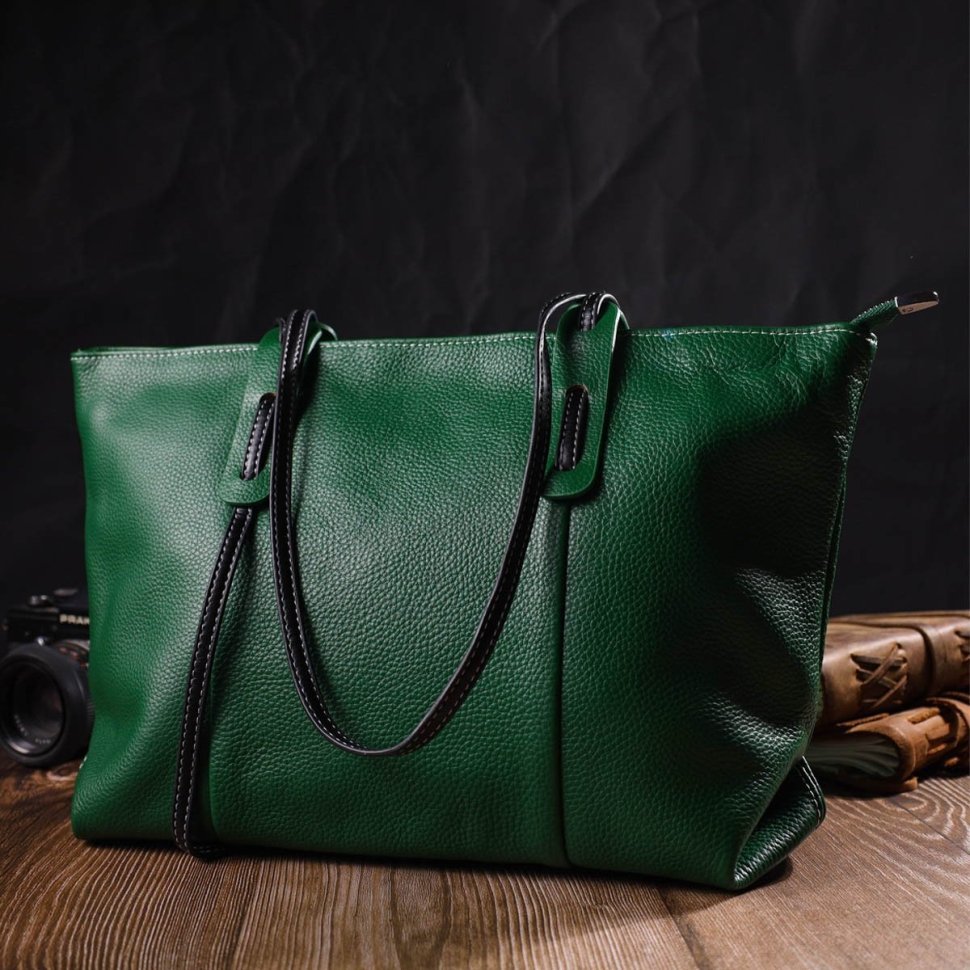 Жіноча містка сумка зеленого кольору з натуральної шкіри з ручками Vintage (2422119)