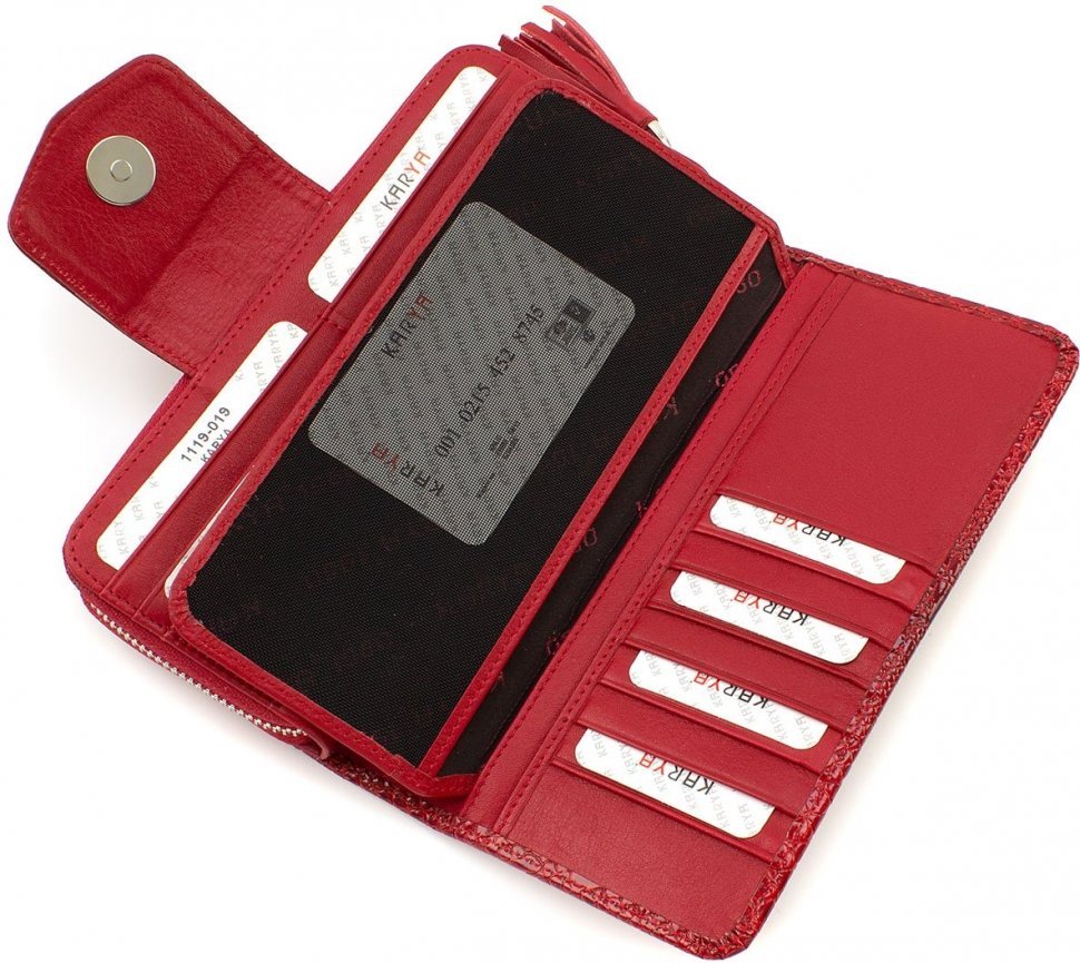 Подарочный женский набор красного цвета из лаковой кожи (кошелек и картхолдер) KARYA (19851)