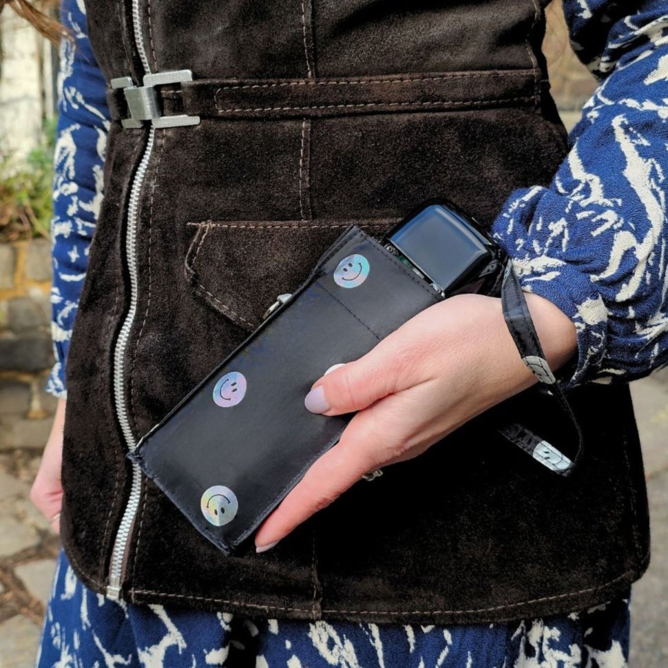 Женский складной зонт Fulton L501-041628 Tiny-2 Smiley Spot (Компактный, черный с принтом смайликов, механика) 94369 modnotak фото №6