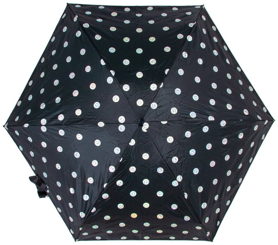 Женский складной зонт Fulton L501-041628 Tiny-2 Smiley Spot (Компактный, черный с принтом смайликов, механика) 94369 modnotak фото №7