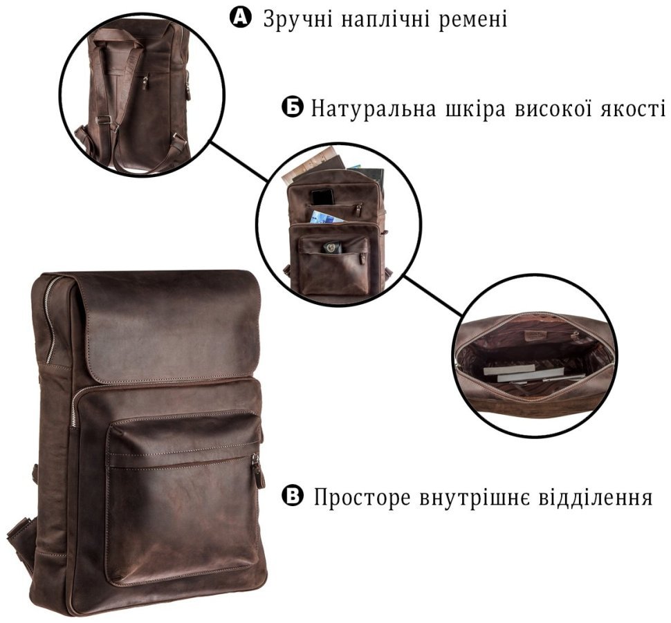 Великий чоловічий рюкзак зі шкіри Crazy horse у коричневому кольорі Shvigel (15307) modnotak фото №7