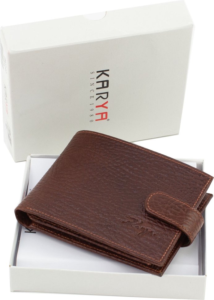 Чоловічий шкіряний коричневий гаманець подвійного складання на кнопці KARYA (21037)