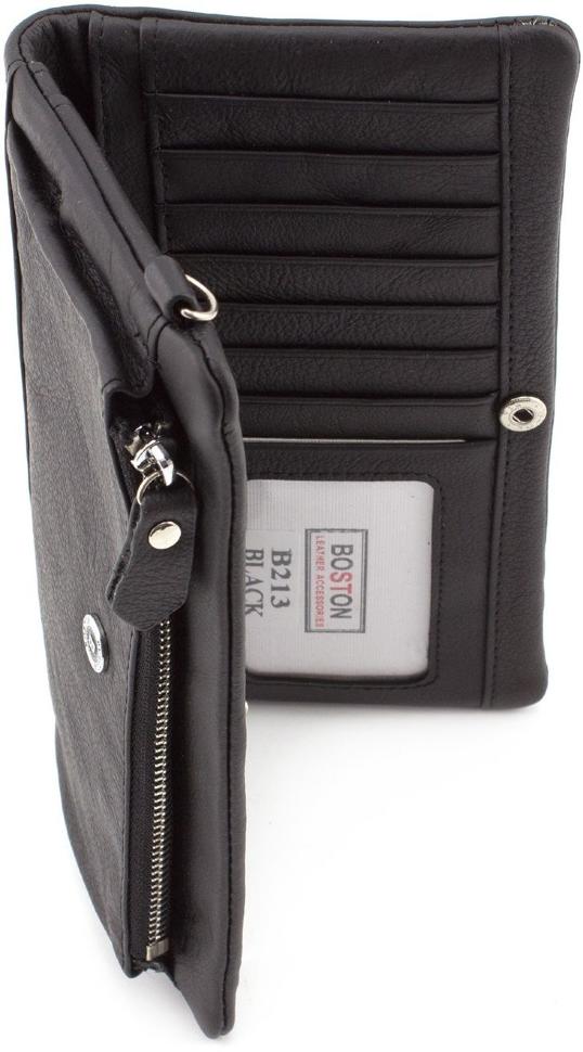 Черный кожаный кошелек с фиксацией на кнопку BOSTON (16060)