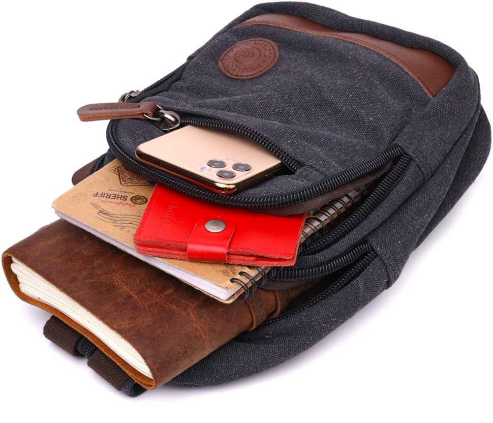 Текстильная мужская сумка-рюкзак черного цвета на две молнии Vintagе 2422172