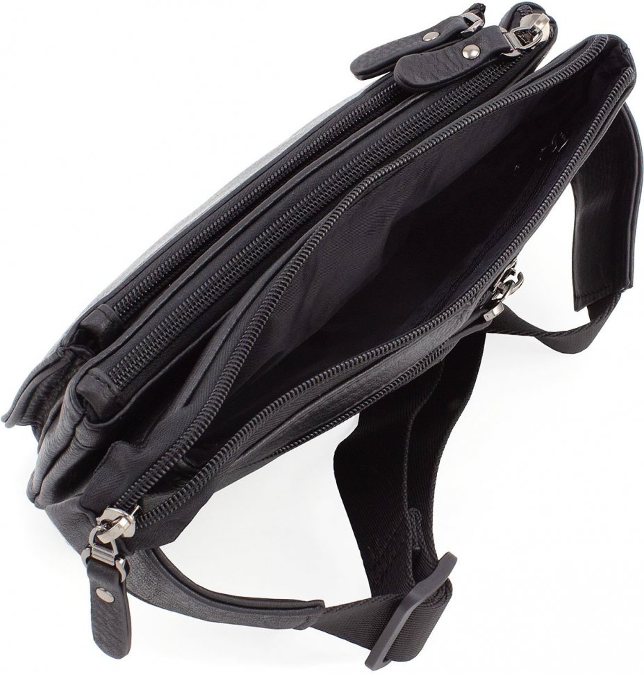 Удобная повседневная сумка-бананка из натуральной черной кожи на молнии H.T Leather (15474)