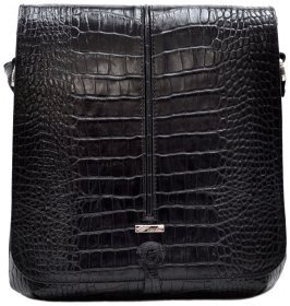 Вместительная мужская сумка из натуральной кожи с тиснением под крокодила DESISAN 80170 черного цвета