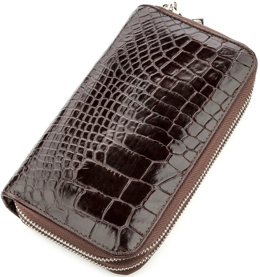 Клатч коричневого цвета из кожи крокодила с двумя молниями CROCODILE LEATHER (024-18526)